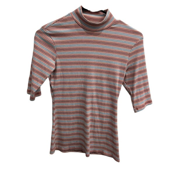 Ultra Flirt Striped Mock Neck 3/4 Sleeve Fitted Top Sz S Red Blue Stretch Fabric - Picture 1 of 9